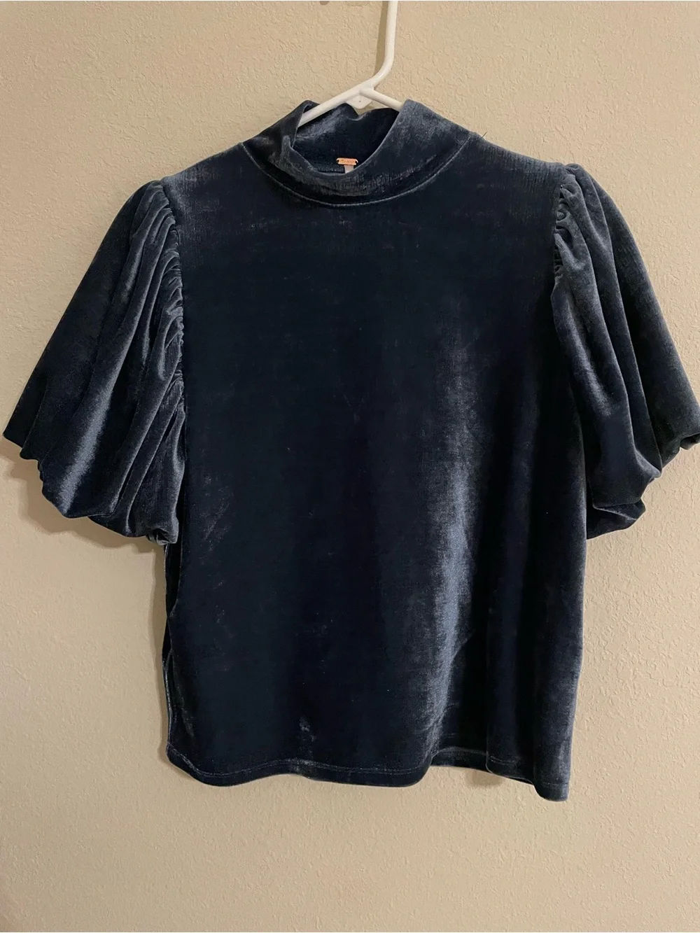 Free People Blue Claudia Velvet Mock Neck Puff Sleeve Top Size XS